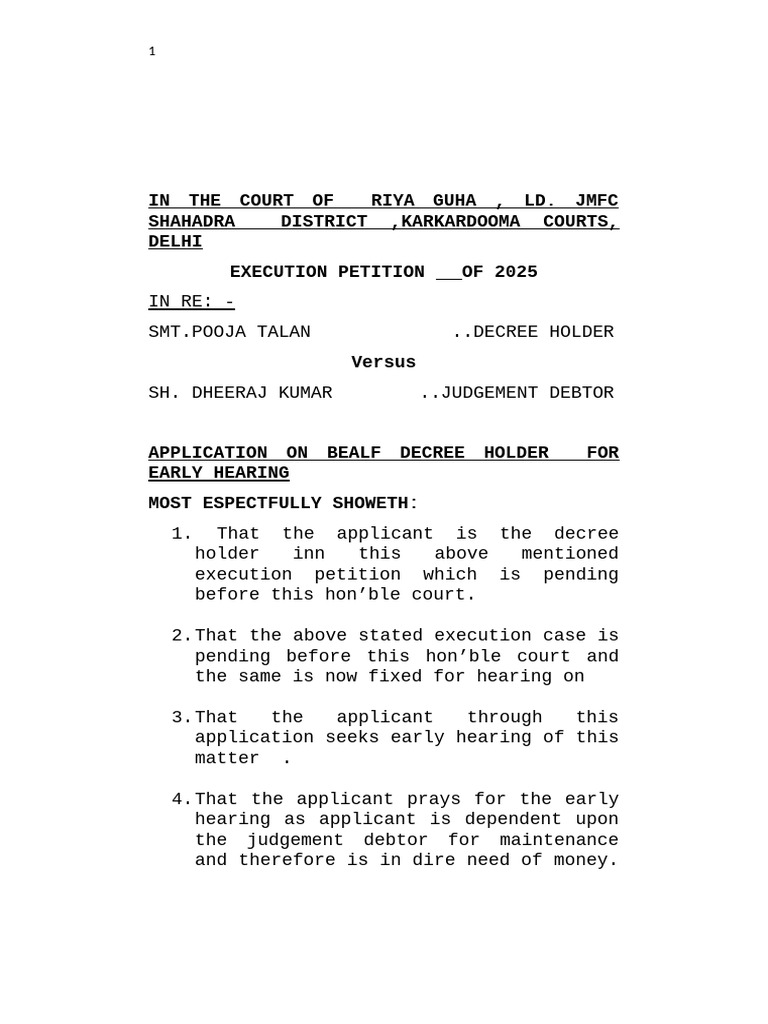 Early Hearing Petition in Execution Case | PDF | Public Law | Common Law