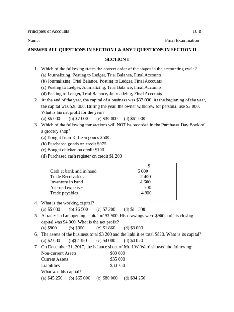 Principles of Accounts 10 B Final Exam | PDF | Debits And Credits ...