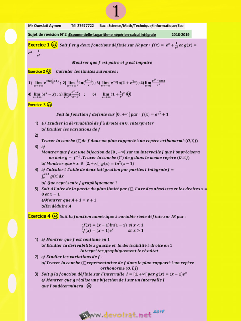 Série D'exercices N°2 - Math - Sujet de Révision N°2 Exponentielle ...