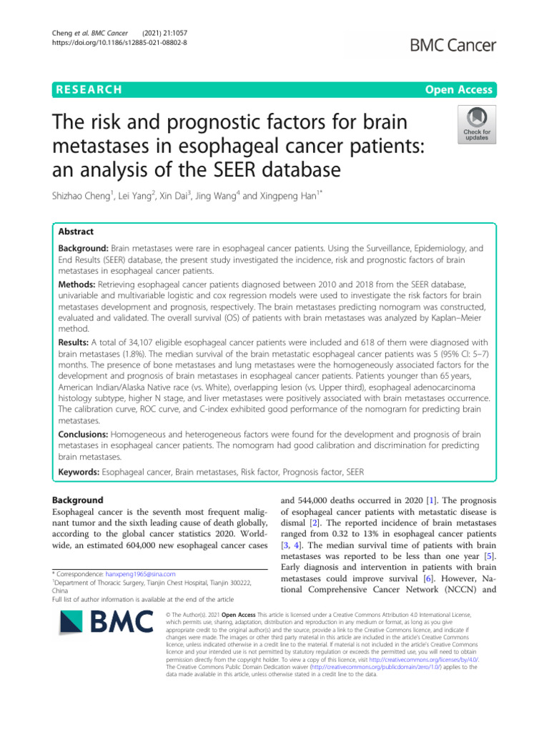 The Risk and Prognostic Factors For Brain Metastases in Iseophageal ...