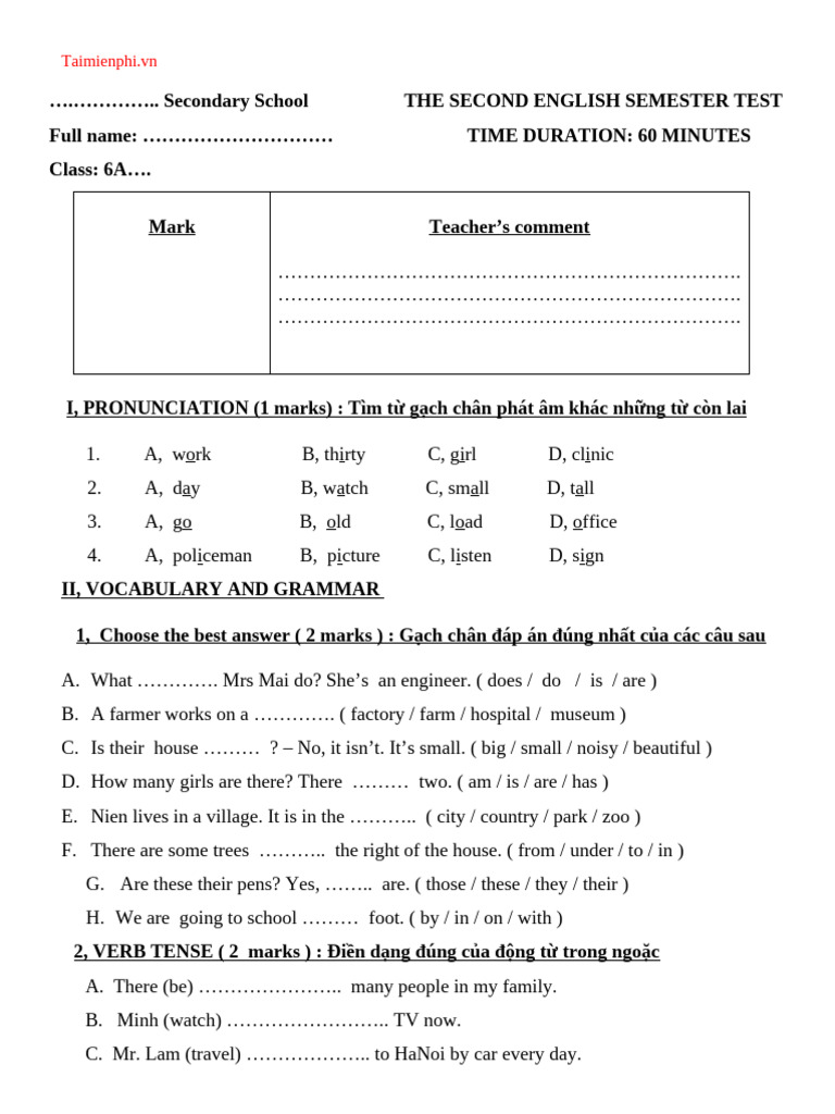 English Test for 6th Grade Students | PDF | Grammar | Linguistics