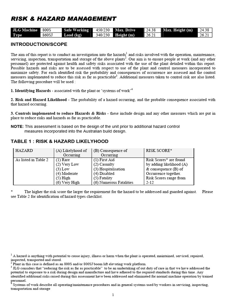 JLG 800SJ Work at Height Risk Assessment | PDF | Electrical Connector ...