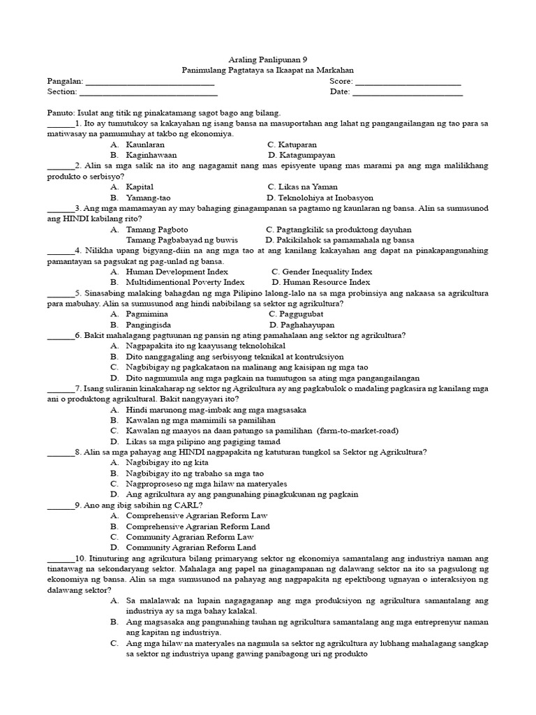 Pre Test 4th Quarter | PDF