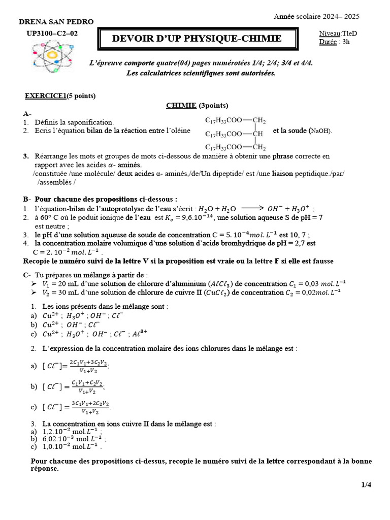 Devoir de Physique-Chimie TleD 2024-2025 | PDF | Ph | Hydroxyde de sodium