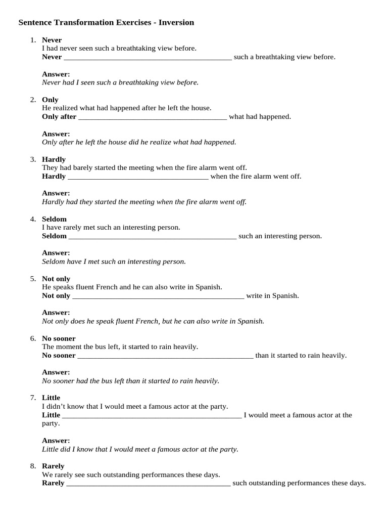 Inversion Sentence Transformation Exercises | PDF