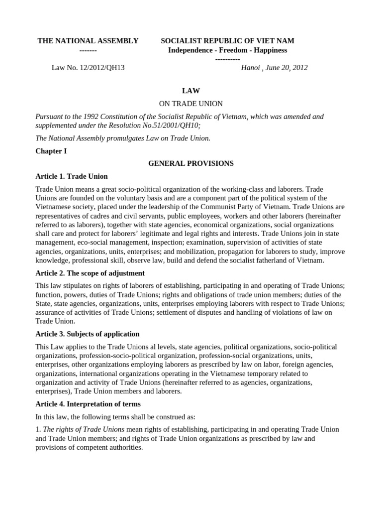Vietnam Trade Union Law Overview | PDF | Trade Union | Labour Economics