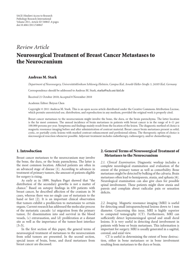 Neurosurgical Treatment of Breast Cancer Metastases To The Neurocranium ...