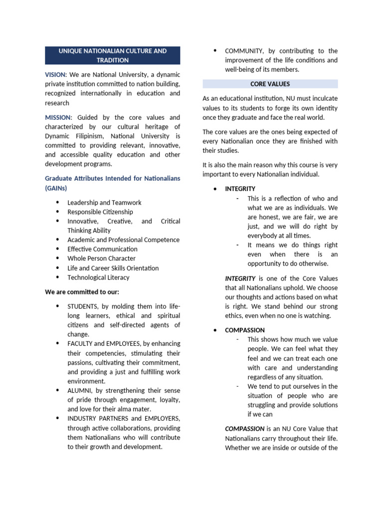 Dynamic Filipinism and NU Core Values | PDF