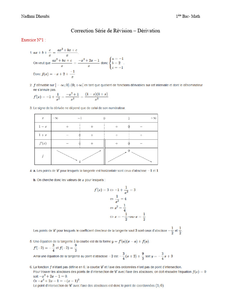 Correction Dérivation 1ère Bac Math | PDF