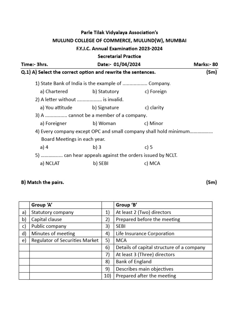 Secretarial Practice F.Y.J.C Annual Examination April 2023-24 | PDF ...