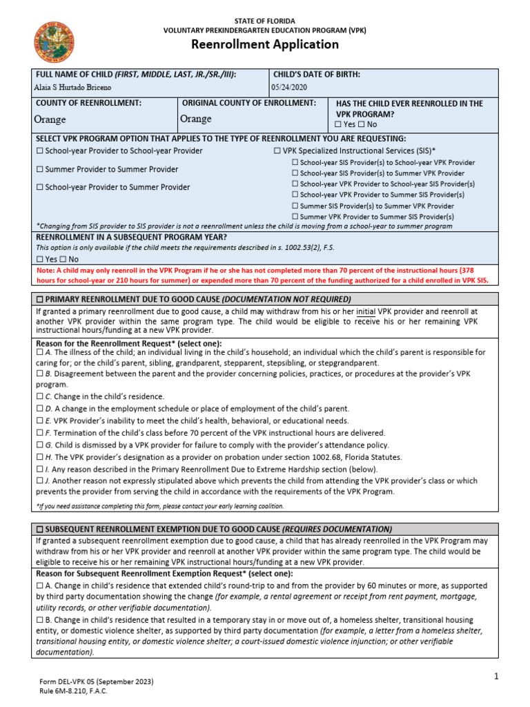 DEL VPK Reenrollment Application | PDF | Pre Kindergarten | Child Custody