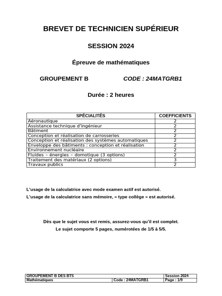 Épreuve de Mathématiques BTS 2024 | PDF | Limite (mathématiques ...