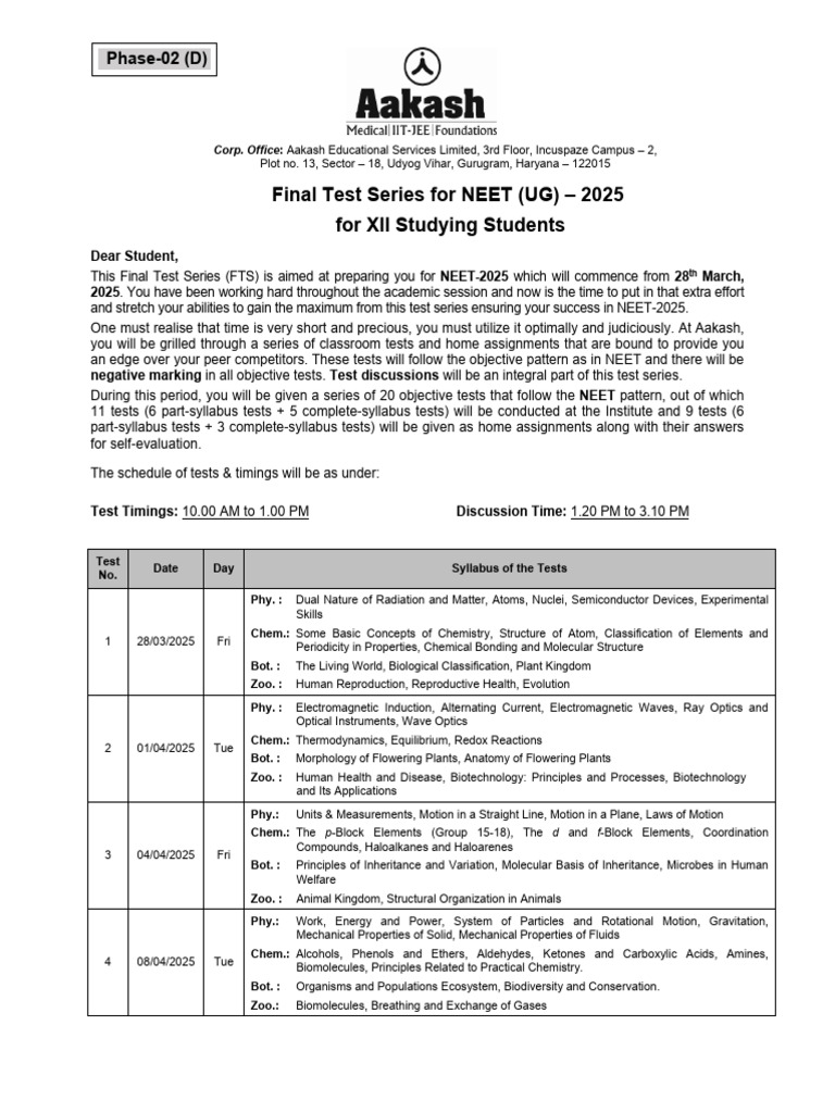 NEET 2025 Final Test Series Overview | PDF | Chemistry | Molecules