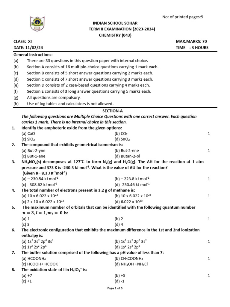 Class XI Chemistry Term II Exam 2024 | PDF | Applied And ...