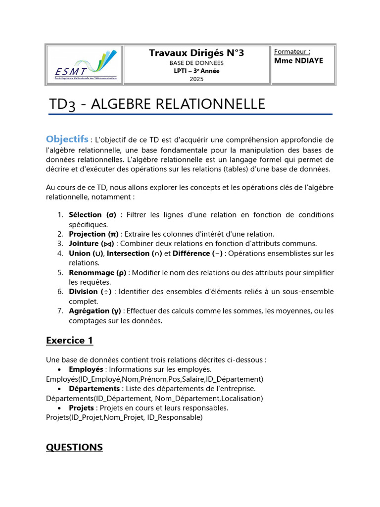 Algèbre Relationnelle : TD3 Bases de Données | PDF | Bases de données ...