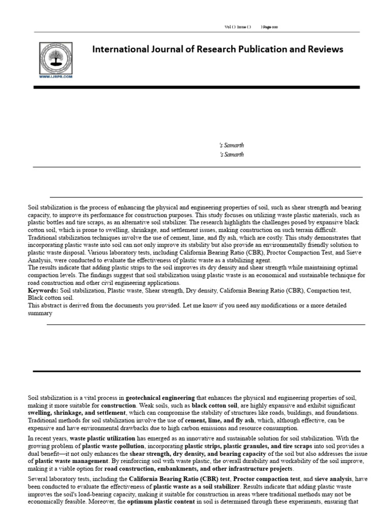 Soil Stabilization Research Paper | PDF | Plastic | Soil