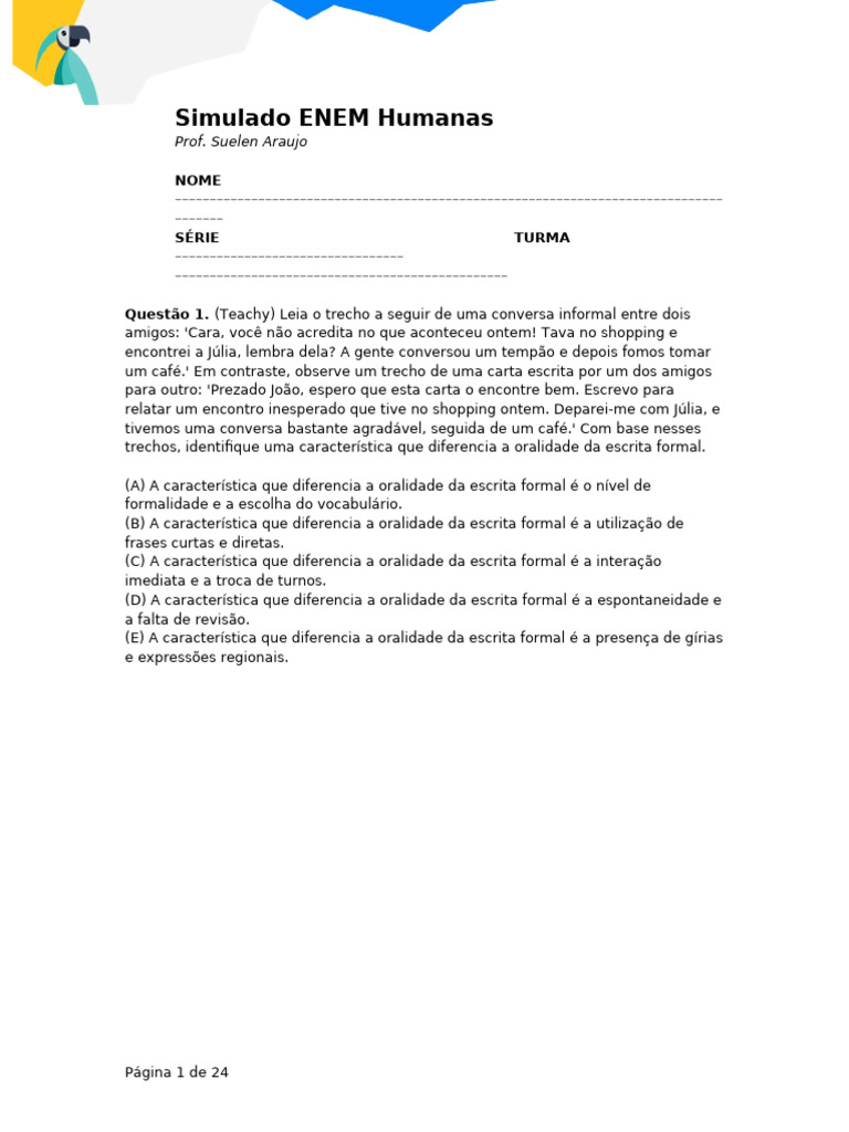 Simulado ENEM Português | PDF | Realismo (artes) | Assunto (gramática)