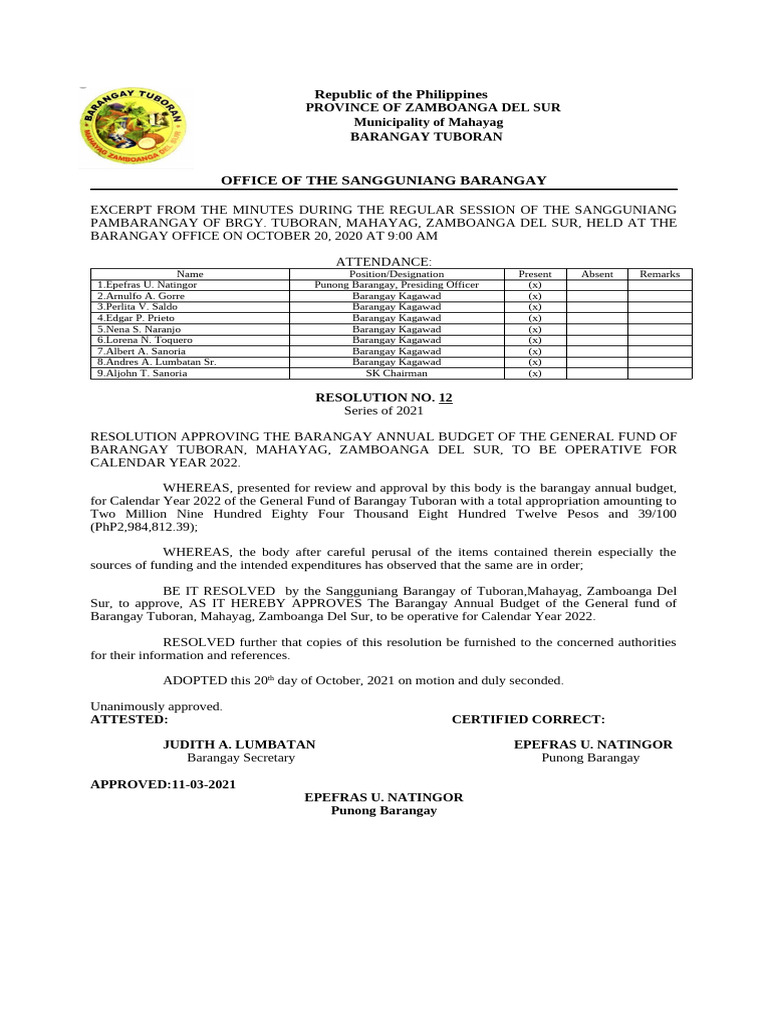 Barangay Tuboran Annual Budget 2022 | PDF