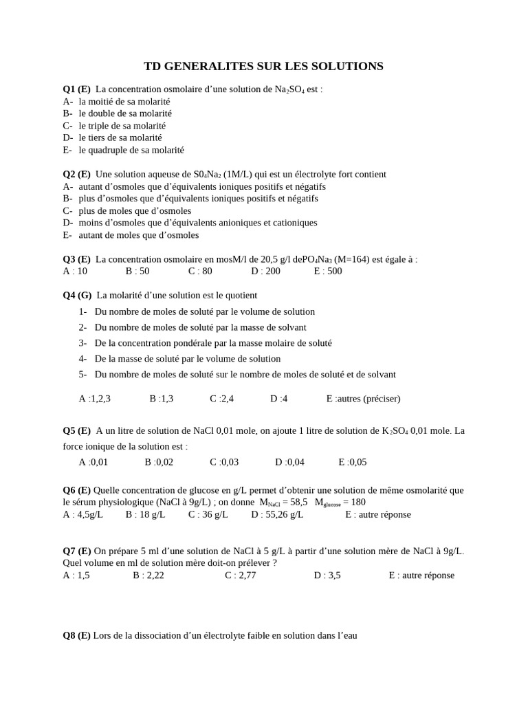 Solutions et Osmolarité en Chimie | PDF | Concentration molaire | Osmose