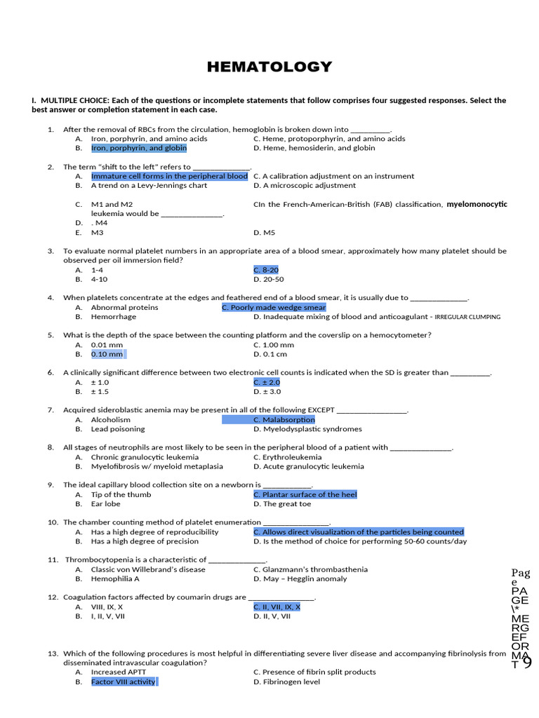 Hematology Multiple Choice Questions | PDF | Anemia | Red Blood Cell