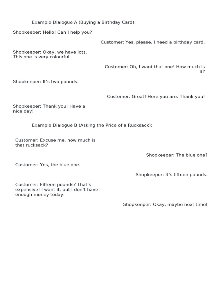 Buying Cards and Rucksacks Dialogue | PDF