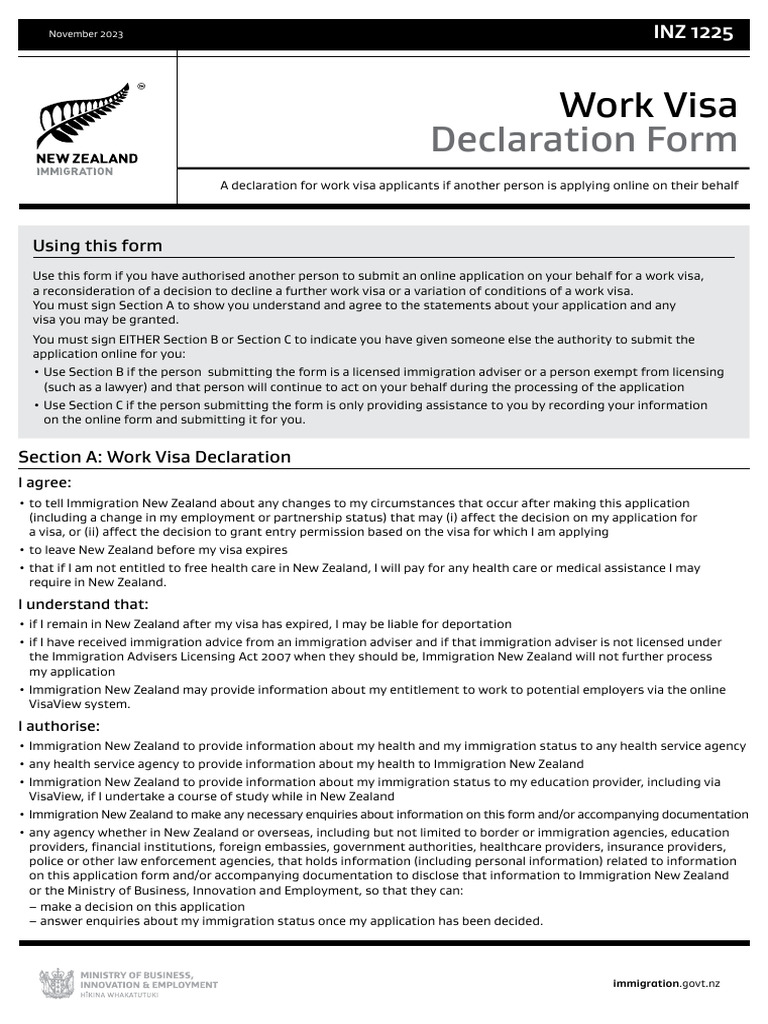 Work Visa Declaration Form INZ 1225 | PDF | Travel Visa | Human Migration