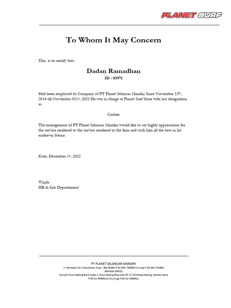 Employment Certification for Dadan Ramadhan | PDF