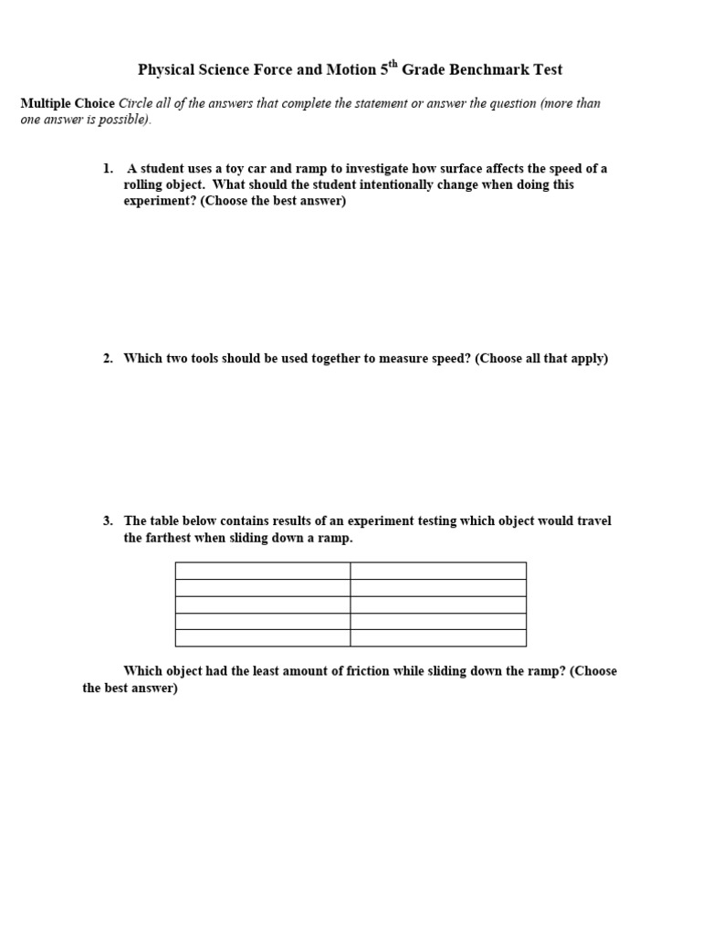 6. Benchmark 5th Grade Physical Science Force and Motion Test | PDF ...