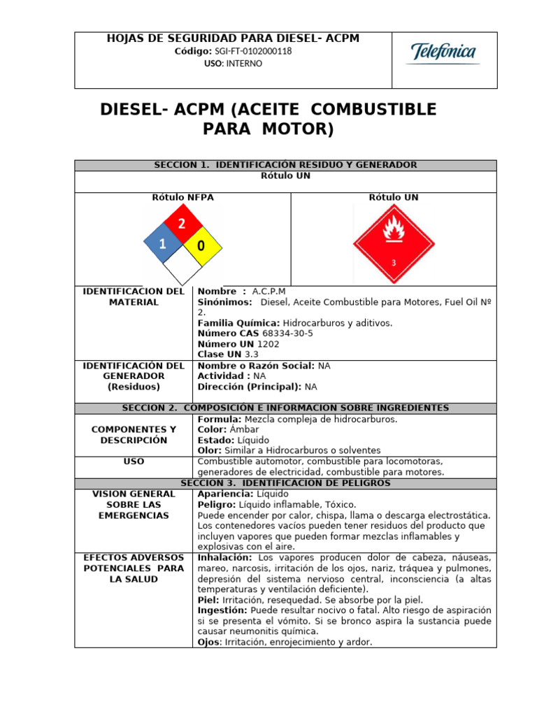 Hojas de Seguridad para Diesel ACPM | PDF | Agua | Residuos