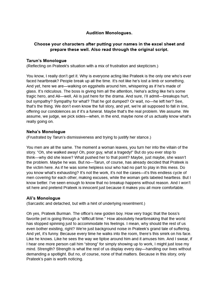 Audition Monologues: Exploring Heartbreak | PDF