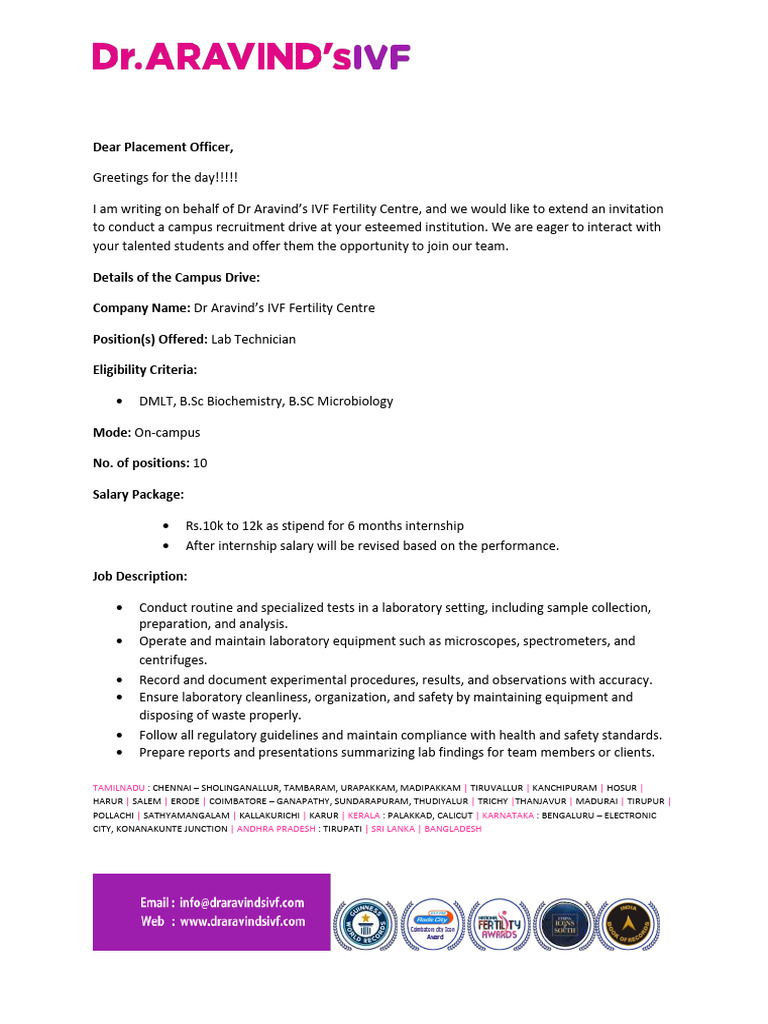 IVF Lab Technician Recruitment Drive | PDF | Laboratories