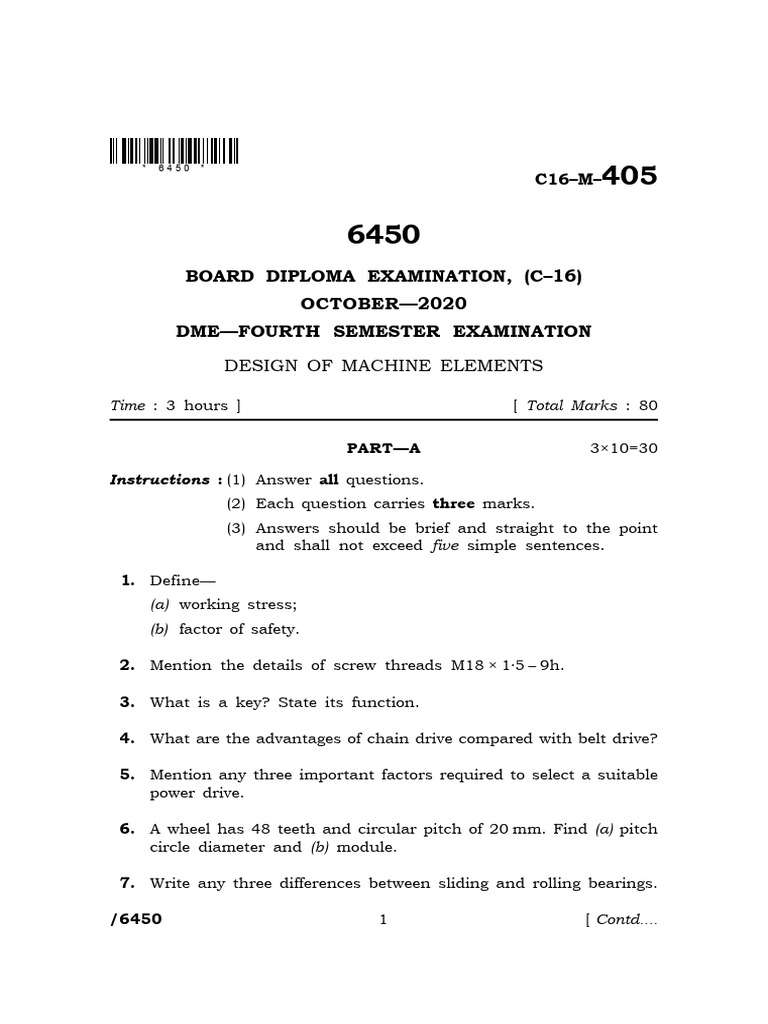 Machine Elements Design Exam Guide | PDF | Stress (Mechanics ...