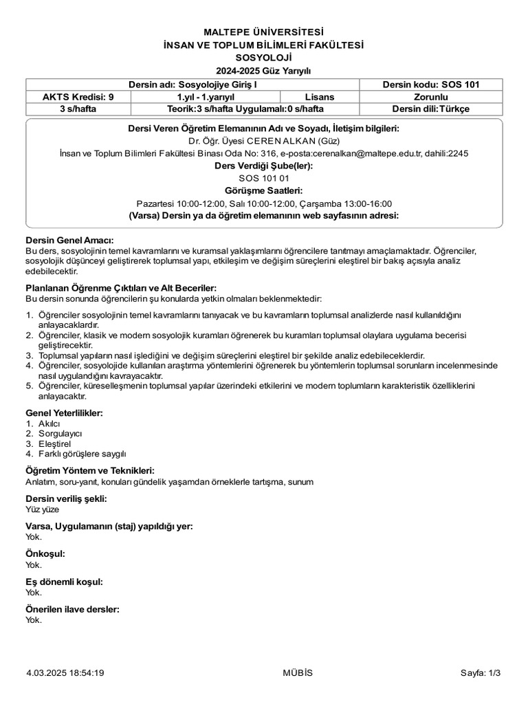 SOS 101-Sosyolojiye Giriş I Syllabus | PDF