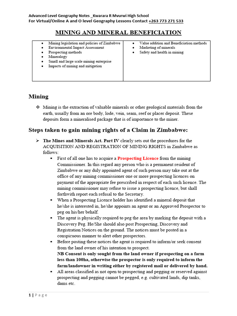 Mining and Mineral Beneficiation Notes For A Level PDF | PDF | Mining ...