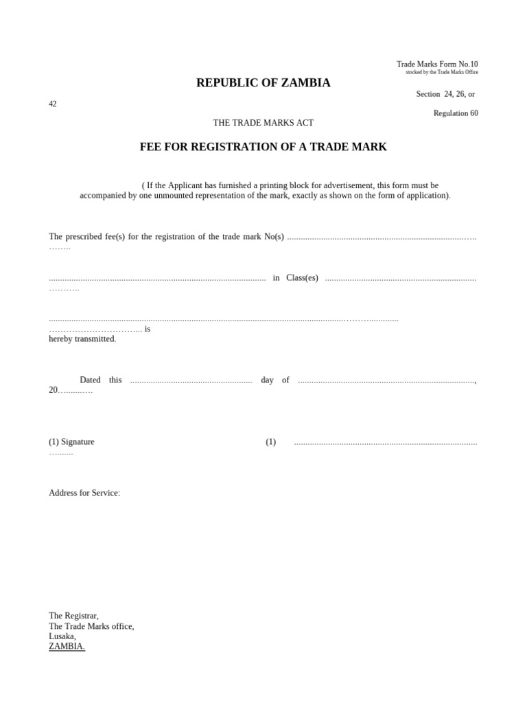 Trademark Registration Fee Form Zambia | PDF