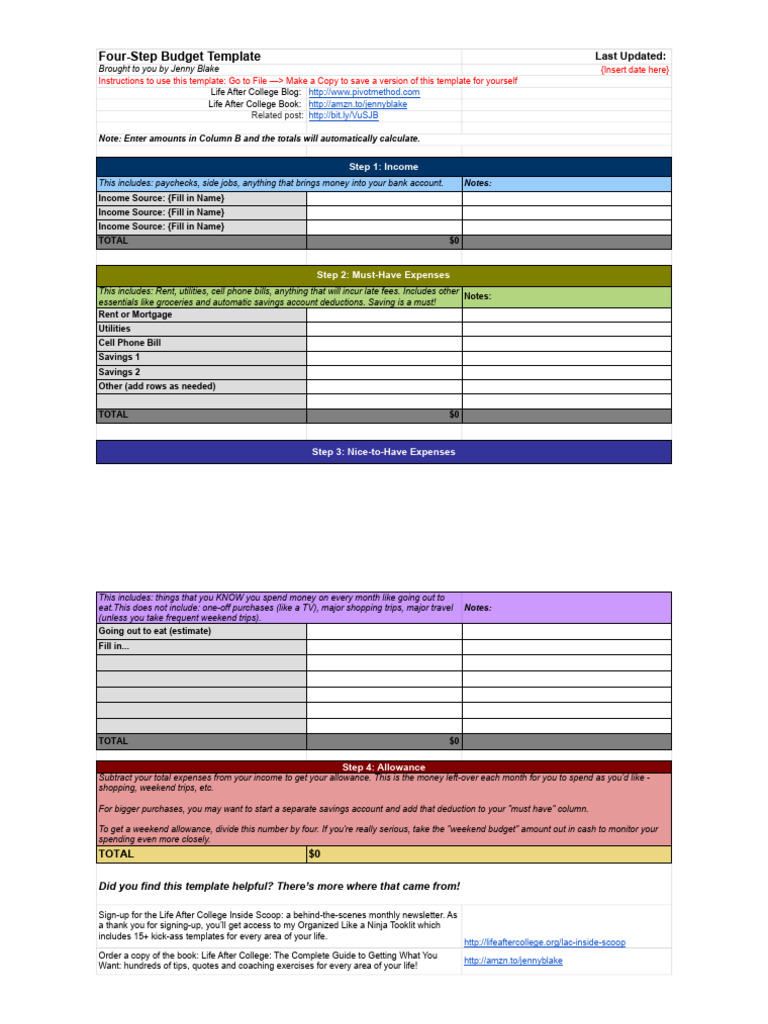 6 Life After College - Simple Four-Step Budget - Template | PDF
