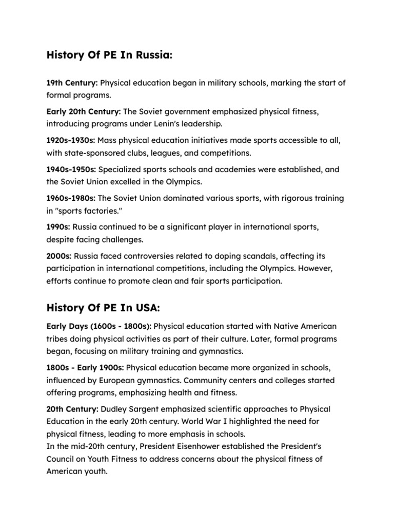 PE History in USA, UK, Russia & Denmark | PDF | Physical Education | Sports