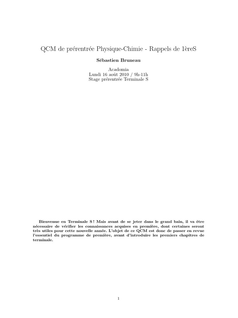 QCM PhysiqueChimie Terminale S PDF Réaction d'oxydoréduction — free download