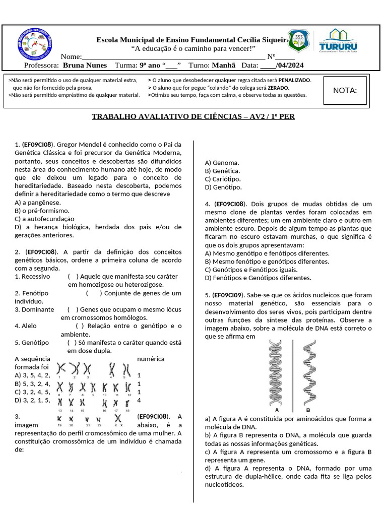 Trabalho Avaliativo de Ciências - 9º Ano | PDF | Gene | Genética
