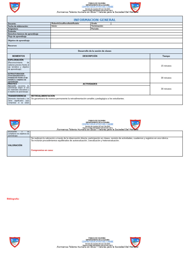 Formato Planes de Clase | PDF | Aprendizaje | Modificación de ...