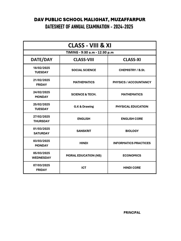 2025 Annual Exam Datesheet for Classes VIII & XI | PDF
