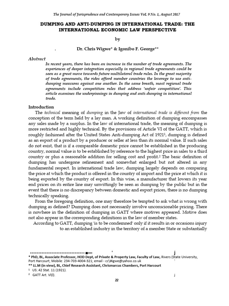 Dumping and Anti-Dumping in Trade Law | PDF | Dumping (Pricing Policy ...