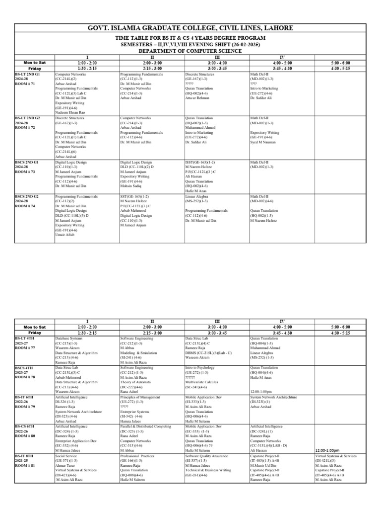 BS IT & CS Timetable 2024-28 | PDF | Computing | Computer Science