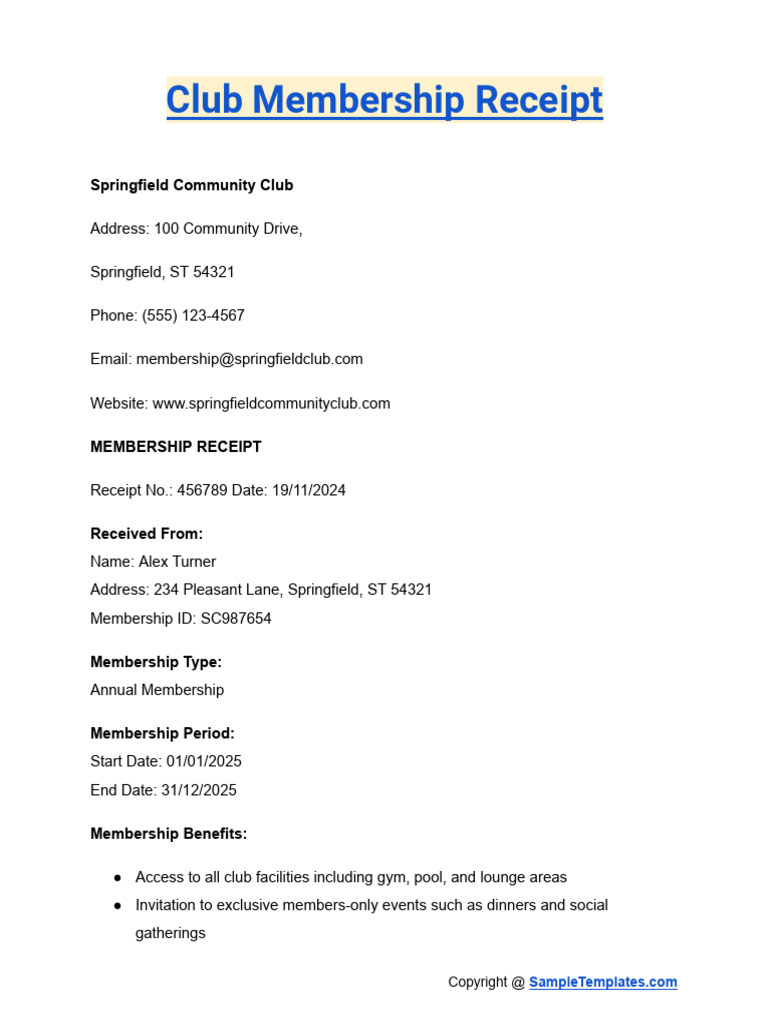 Club Membership Receipt | PDF