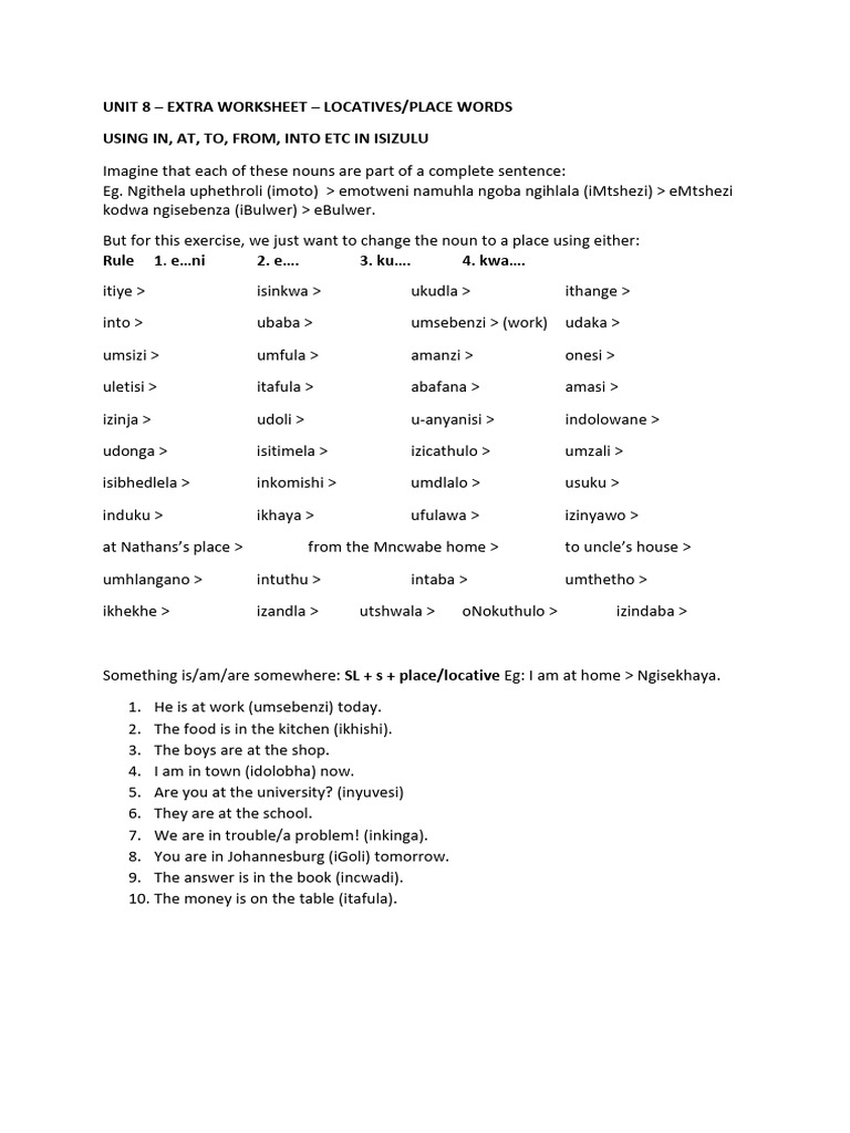 Isizulu Locatives and Object Links Worksheet | PDF | Linguistic ...
