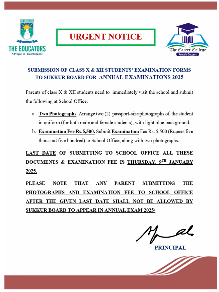 Urgent Notice Class X & Xii Examination Forms (Signed) | PDF