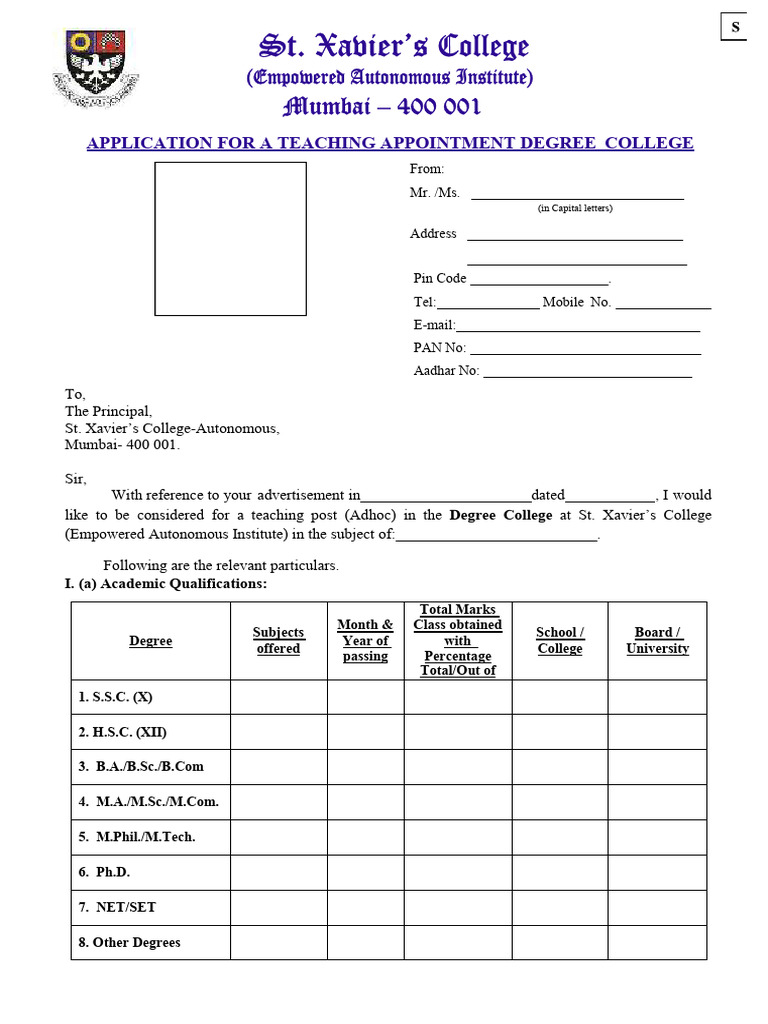 Adhoc Teaching Application Form | PDF | Academic Degree | Master's Degree