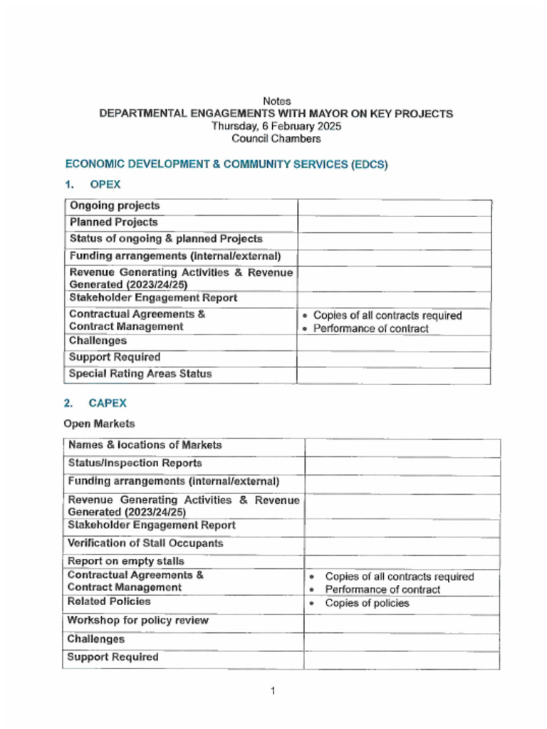 Departmental Engagements With Mayor On Key Projects | PDF