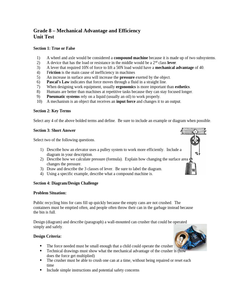 Grade 8 Unit Test: Mechanical Advantage | PDF