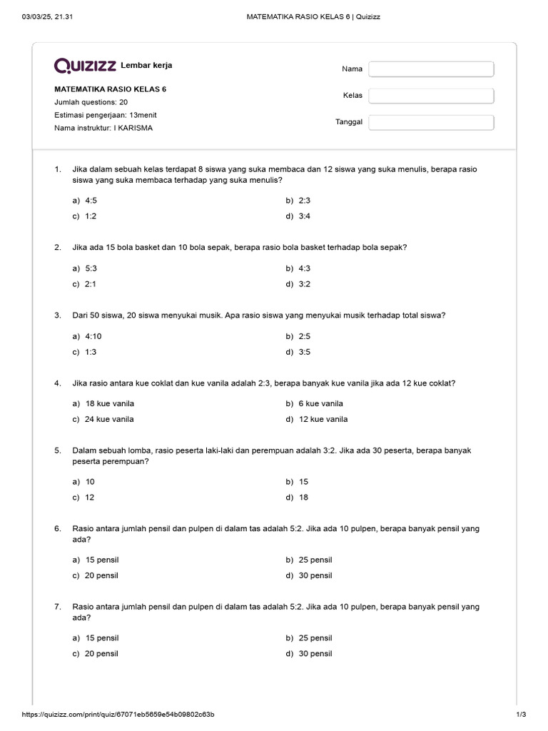 Soal Rasio Matematika Kelas 6 | PDF